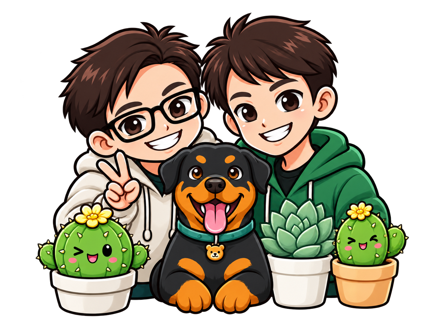Two people with their dog and potted cacti and succulents